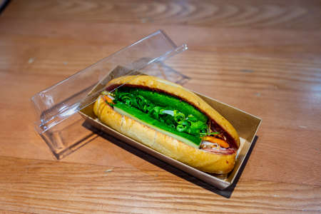 Vietnamese pork sandwich in a paper containerの写真素材