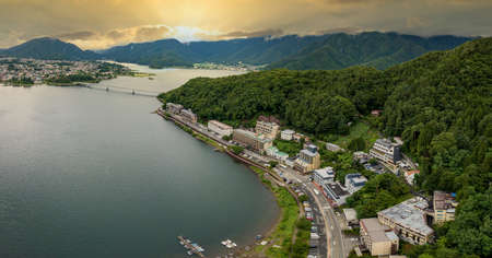 Aerial view of Kawaguchi lake at sunset evening, Japanの写真素材