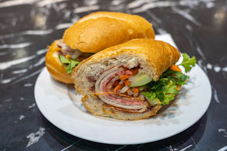 Banh Mi - Vietnamese pork sandwich half-cut on white plateの写真素材