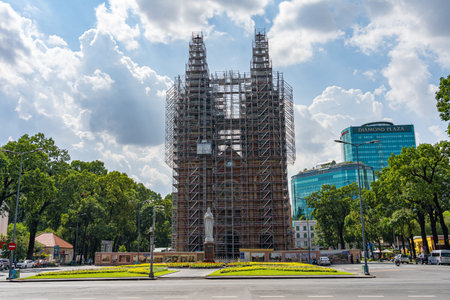 HO CHI MINH CITY, VIETNAM - April 26 2021: Famous attraction Notre-Dame Cathedral Basilica of Saigon during restorationのeditorial素材