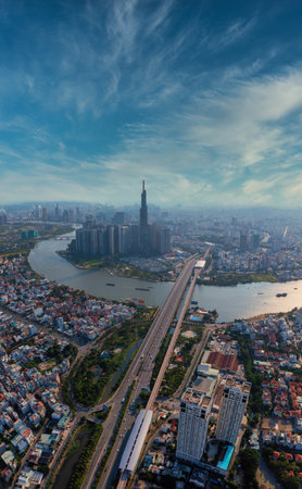 Vertical panorama cityscape photo of downtown Ho Chi Minh cityの写真素材