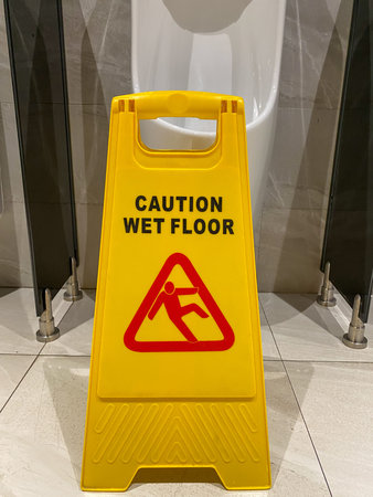 Close up photo of wet floor caution sign in public male toilet