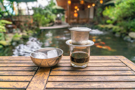 Hot milk coffee dripping in Vietnam styleの写真素材