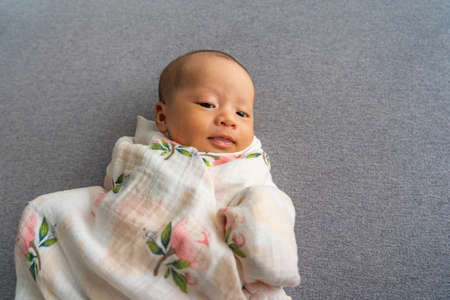 New born Asian infant on grey backgroundの写真素材