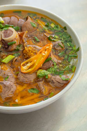 Close up photo of traditional Vietnam noodles Bun Bo Hueの写真素材