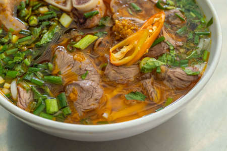 Close up photo of bun bo hue - famous Vietnamese foodの写真素材
