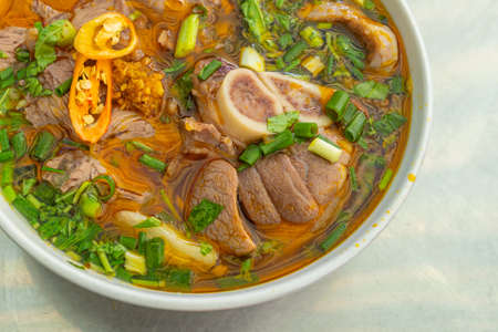 Close up photo of famous noodles in Vietnam called Bun Bo Hueの写真素材