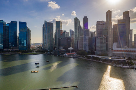 SINGAPORE - January 31, 2020: Drone view photo of Singapore downtown centerのeditorial素材