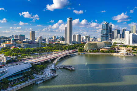 Singapore - January 31, 2020: Aerial photo of Merlion Park and downtown district of Singaporeのeditorial素材