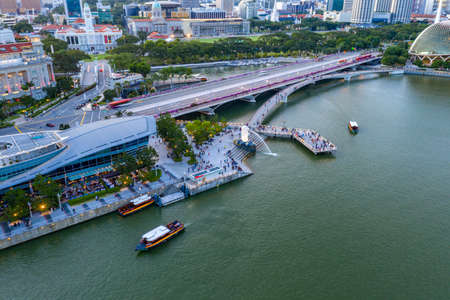 Singapore - January 31, 2020: Drone view photo of Merlion Park, Singaporeのeditorial素材