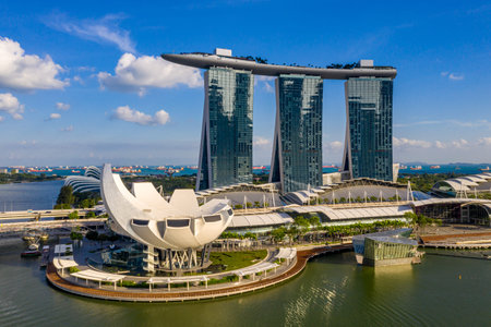 SINGAPORE - January 31, 2020: Aerial photo of Marina Bay Sand and ArtScience Museumのeditorial素材