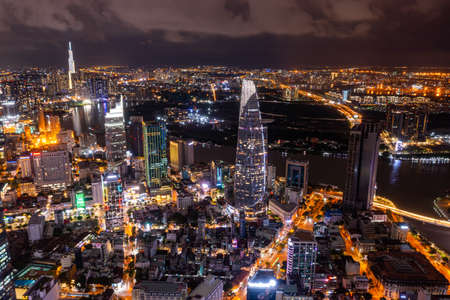 Saigon - May 17, 2021: Aerial photo of Ho Chi Minh city skyline at nightのeditorial素材
