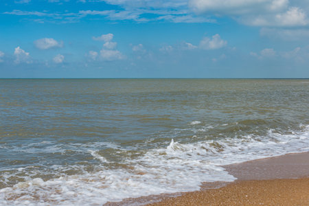 Soft wave beach with golden sand under blue skyの写真素材