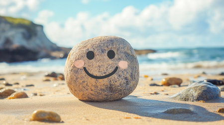 Happy rock on a sunlit beach with gentle waves in the background during a clear dayの素材