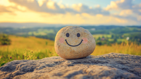 Smiling rock on hillside during sunset with vibrant skies and scenic landscape in the backgroundの素材