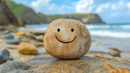 Happy stone sits on a beach with ocean waves and cliffs in the backgroundの素材