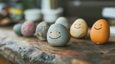 Colorful smiling stones displayed on a wooden surfaceの素材