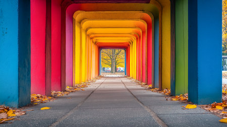 Vibrant colored pillars create a stunning walkway in the park during autumn with fallen leavesの素材