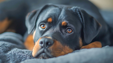 Rottweiler resting comfortably on a soft blanket in a cozy indoor settingの素材