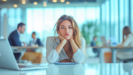 Young woman appears bored while working in a modern office environmentの素材