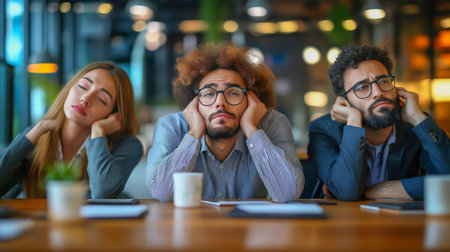 Group of young professionals showing boredom during a meeting in a modern officeの素材
