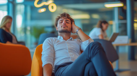 Relaxed man enjoying a moment of calm in a modern officeの素材