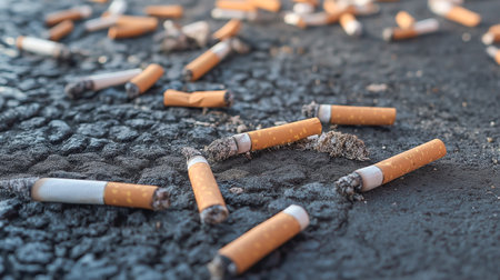 Discarded cigarette butts littering a street during the daytime showing urban pollution and careless habitsの素材
