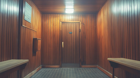 Warm wooden hallway leading to a door in a cozy setting with simple benches and soft lightingの素材
