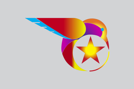 Modern abstract logo featuring a colorful gradient wing and star combination. The design blends red, yellow, blue, and purple tones.の写真素材