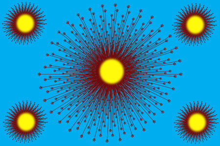 A vibrant abstract background featuring one large and four small starbursts with a yellow center and dark red spiky lines. The pattern is set against a bright blue backdrop.の写真素材