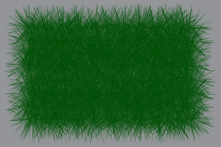 An abstract graphic design featuring a dark green rectangular field surrounded by a border of dense, spiky lines, resembling fur, hair, or grass, set on a gray background.の写真素材