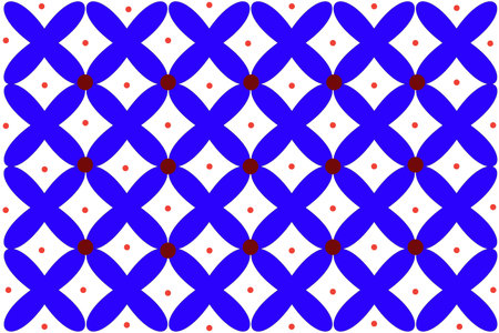 A geometric, seamless pattern featuring interconnected blue, four-petal flower shapes and small red...