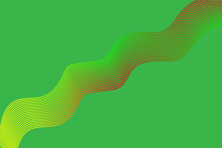 An abstract graphic featuring a diagonal band of thin, flowing lines with a yellow-green-red gradient, creating a dynamic wave effect on a solid green background.の写真素材