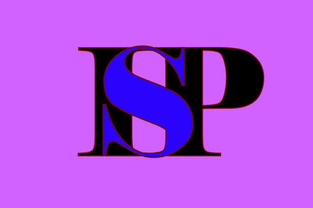 A bold, modern monogram featuring the initials 'ISP'. The blue 'S' overlaps the black 'I' and 'P', creating a layered effect, all set against a vibrant purple background.の写真素材