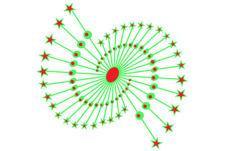 A bold, abstract design with a central red core surrounded by radiating green lines and red stars. The geometric arrangement creates a dynamic, starburst or explosion effect on a wの写真素材