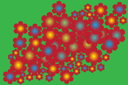 A vibrant, abstract pattern of stylized red flowers with glowing yellow and blue centers. The dense floral cluster is set against a solid green background, creating a bold and coloの写真素材
