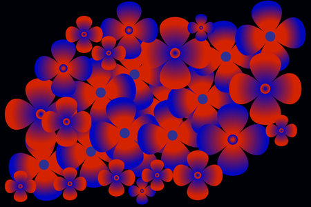 A stunning digital floral pattern featuring red and blue gradient flowers on a black background. The vivid colors and smooth gradients create a bold and eye-catching abstract floraの写真素材