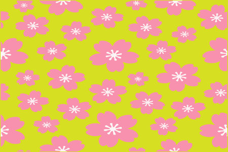A playful and colorful floral pattern with pink flowers and light blue centers on a vibrant yellow background. Perfect for textile design, wallpaper, wrapping paper, or cheerful deの写真素材
