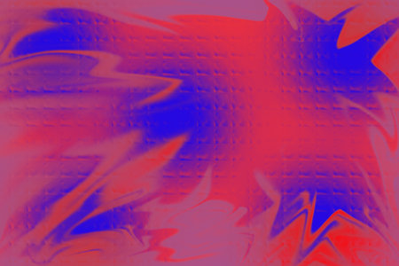 A dynamic abstract background featuring a chaotic mix of red and blue liquid-like shapes. The image has a horizontal glitch or distorted digital texture, ideal for futuristic and eの写真素材