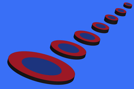 A minimalist 3D abstract background featuring a receding line of maroon and blue circles with black borders, creating a sense of perspective on a solid blue backdrop.の写真素材