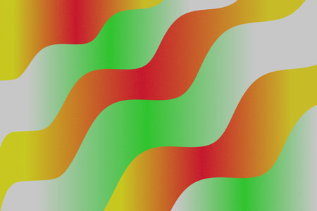 An abstract digital background composed of overlapping, undulating bands running diagonally across the frame. The primary bands feature a hot gradient of yellow, orange, and red, rの写真素材