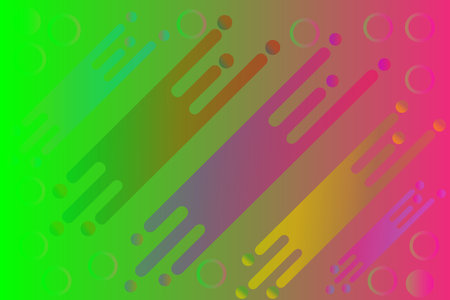 A dynamic abstract background featuring a bright, neon,like green to magenta gradient. Diagonal streaks and floating circles in various colors ,gold, purple, brown, pink, create aの写真素材