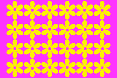 A vibrant, repeating floral pattern featuring bright yellow, stylized six-petaled flowers set against a striking magenta ,or hot pink, background. The flowers are uniformly arrangeの写真素材
