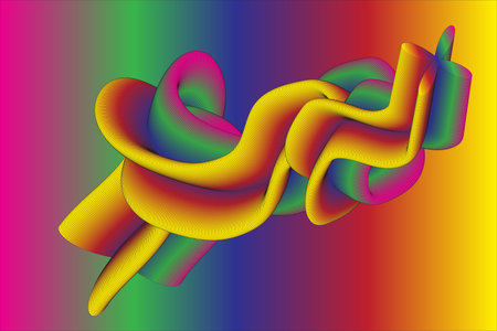 Vibrant abstract 3D ribbon artwork featuring a flowing rainbow gradient of yellow, pink, green, and blue on a multicolor background, perfect for digital art, posters, or modern desの写真素材