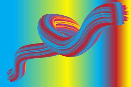 Dynamic 3D abstract ribbon design featuring smooth blue, red, and yellow curves on a vibrant gradient background. Perfect for digital art, modern wallpaper, or creative visual desiの写真素材