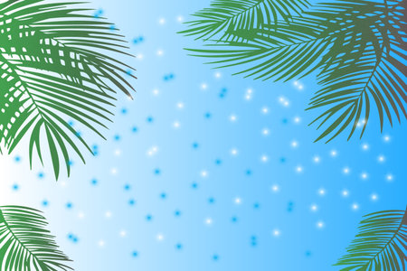 A refreshing tropical background featuring green palm leaves framing a bright blue sky filled with glowing white light spots. Perfect for summer designs, beach themes, posters, orの写真素材