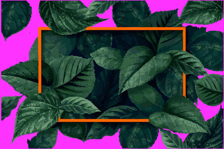 A bold tropical design featuring lush green leaves surrounding a bright orange rectangular frame on a vivid pink background, perfect for posters, invitations, or nature-themed digiの写真素材