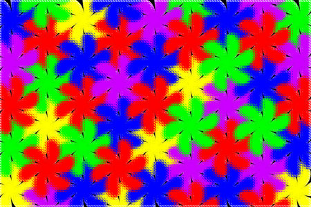A vibrant abstract floral pattern featuring overlapping red, blue, yellow, green, and purple flowers. The bright design creates a cheerful and energetic visual effect, ideal for baの写真素材