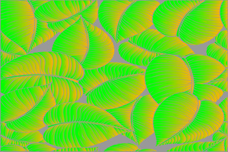 A bright tropical leaf pattern featuring overlapping green and yellow gradient leaves on a soft gray background. This vibrant vector design evokes freshness, nature, and tropical bの写真素材