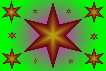 A vibrant starburst pattern featuring a large gradient star at the center surrounded by smaller glowing stars on a bright green and magenta blended background, creating a bold andの写真素材